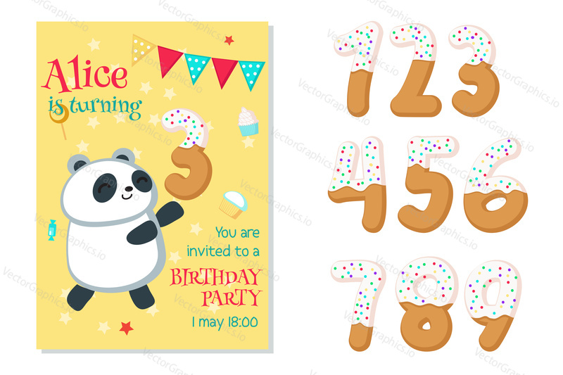 Birthday party invitation card template numbers from one to nine. Vector hand drawn illustration of cute panda with number three shaped cake.