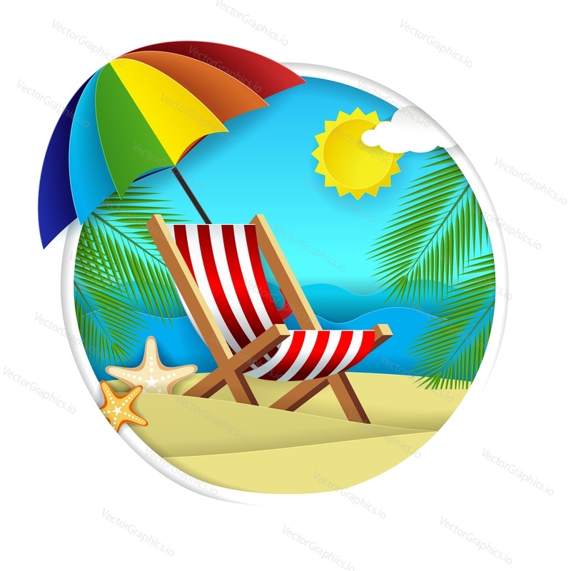 Summer beach vector paper cut illustration. Ocean beach with chaise lounge, tropical palm leaves and starfish in circle. Beach holidays concept for poster, banner, summer card.