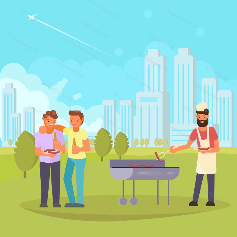 BBQ party in city park. Men friends eating grilled sausages, drinking beer. Vector flat style design illustration.