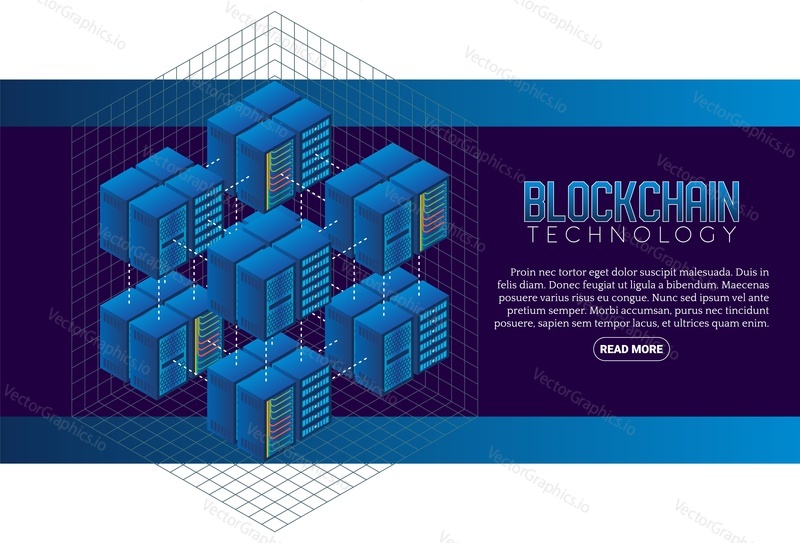 Blockchain technologie abstraktní pozadí. Vektorové izometrické ilustrace. Technologie Blockchain banner, šablona návrhu plakátu.