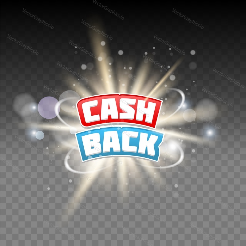 Vector cash back lettering, light effects on transparent background. Cashback or money refund concept.