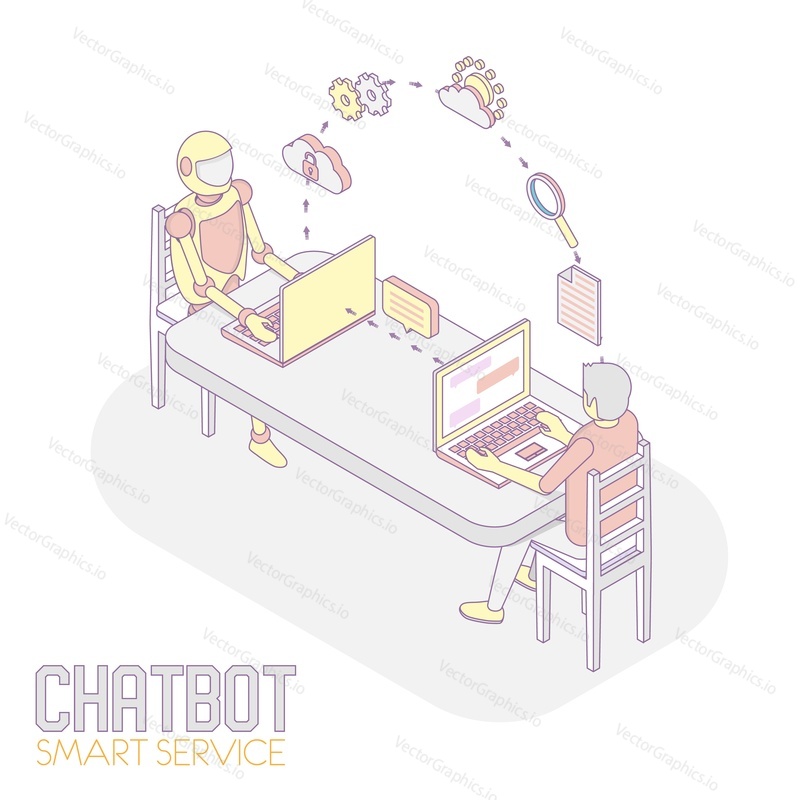Концепция интеллектуального сервиса чат-бота. Векторная изометрическая иллюстрация человека, общающегося с роботом-интернет-ботом во время использования ноутбука.