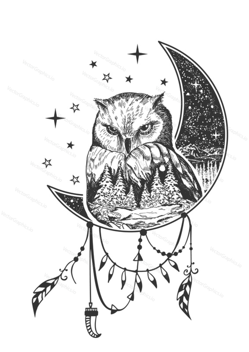 Vector boho owl tattoo or t-shirt print design. Owl on crescent moon combined with nature and boho elements.