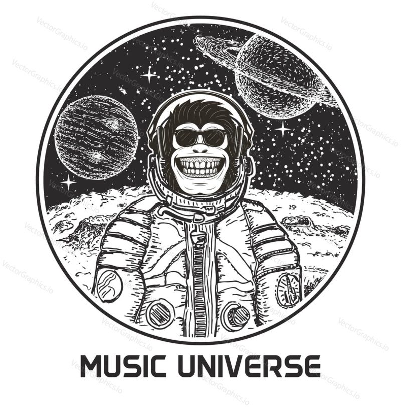Music universe vector hand drawn illustration. Funny monkey in sunglasses and spacesuit listening to music. Sketch astronaut music monkey. Modern t-shirt design template.