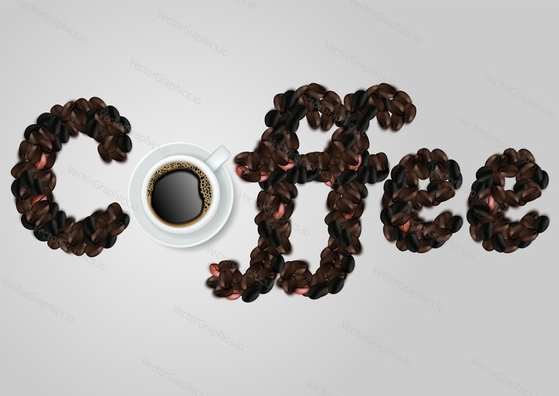 Coffee lettering vector design with top view cup of coffee and coffee beans. Calligraphy for coffee shop, package.