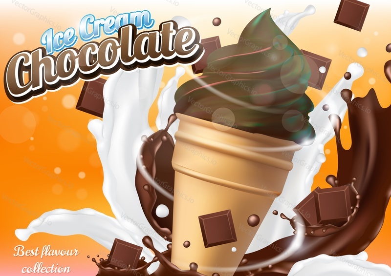 Chocolate ice cream cone dessert vector realistic illustration. Dairy product with chocolate, milk and molten chocolate splashes. Ice cream ad design template.