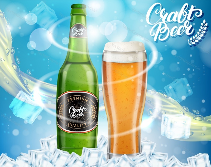 Vector realistic dark craft beer alcoholic drink brand glass bottle and glass of beer on blue sparkling background. Craft bottled beer advertisement design template.