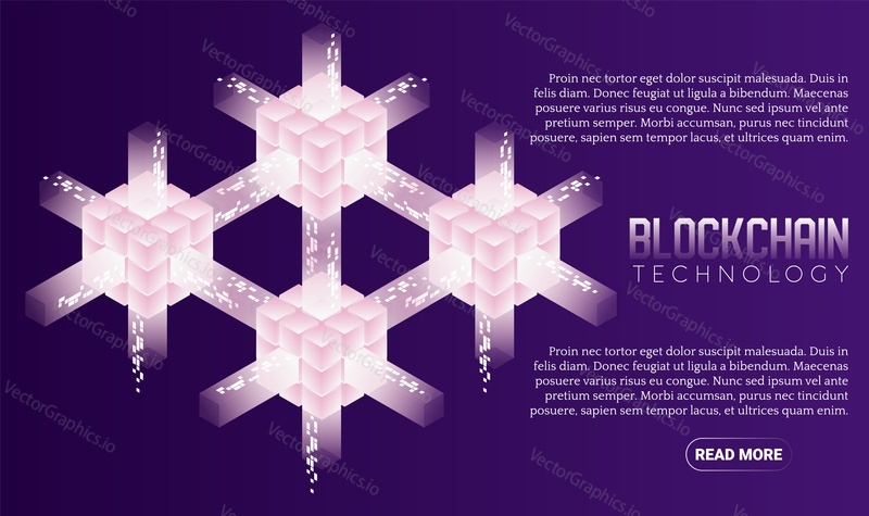 Blockchain technologie abstraktní pozadí. Vektorové izometrické ilustrace. Technologie Blockchain banner, šablona návrhu plakátu.