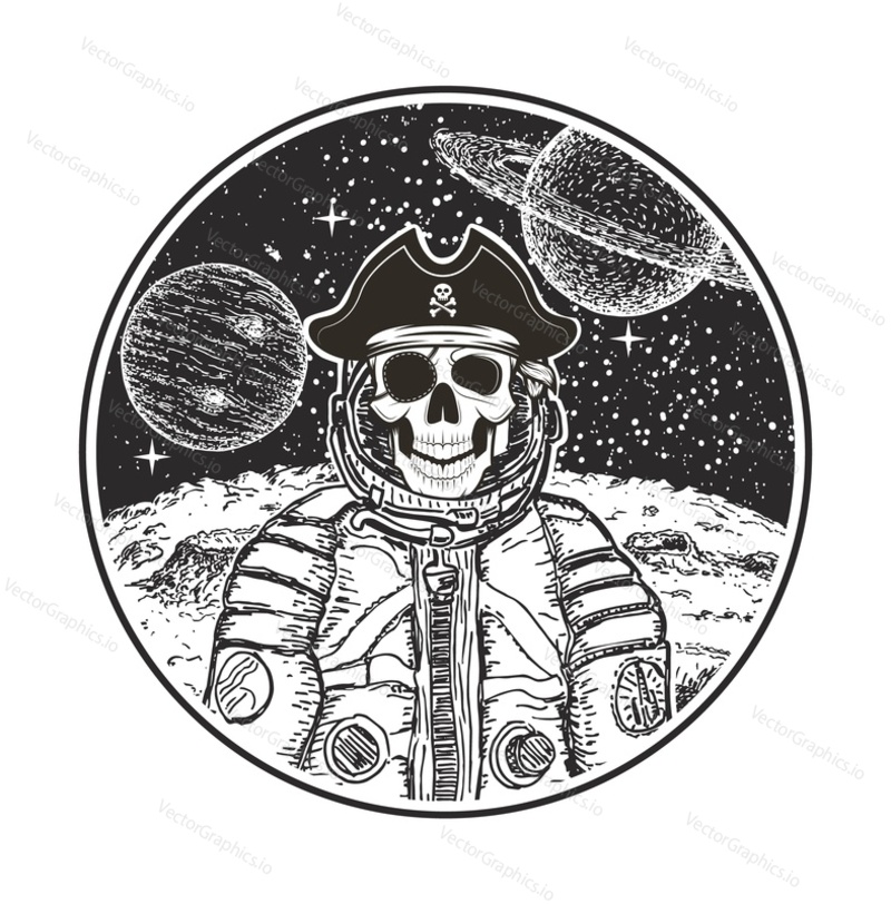 Astronaut space pirate vector hand drawn illustration. Human skull in spacesuit, pirate captain hat and eyepatch. Modern t-shirt design template.