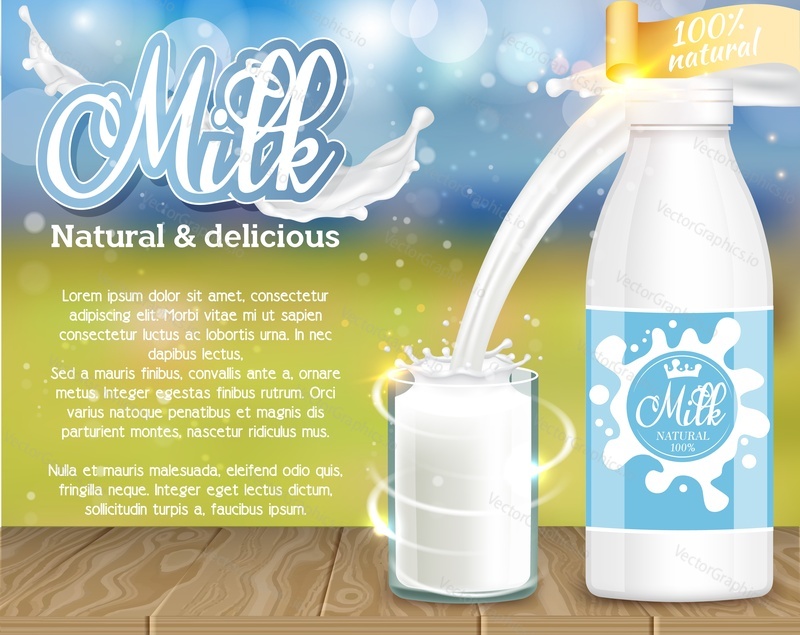 Реклама натурального и вкусного молочного продукта Milk. Векторная реалистичная иллюстрация. Пластиковая бутылка для молока, стакан молока, всплеск наливаемого молока, место для копирования. Шаблон дизайна молочного плаката, баннера, флаера.