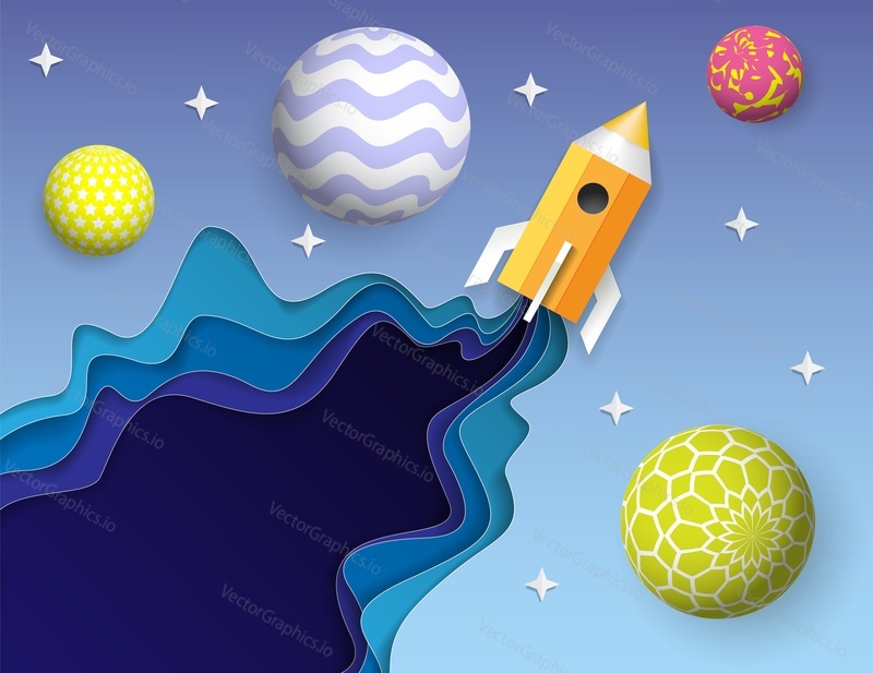 Rocket flying into space with planet and stars. Vector illustration in paper art style. Modern origami design template.