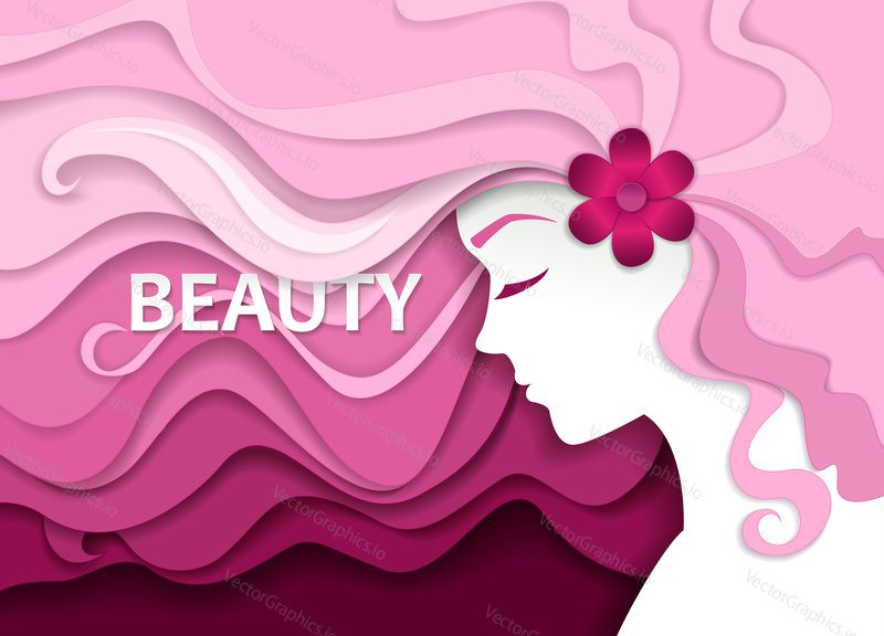 Woman with beautiful wavy hair. Vector illustration in modern paper art style. Beauty salon business card design template.