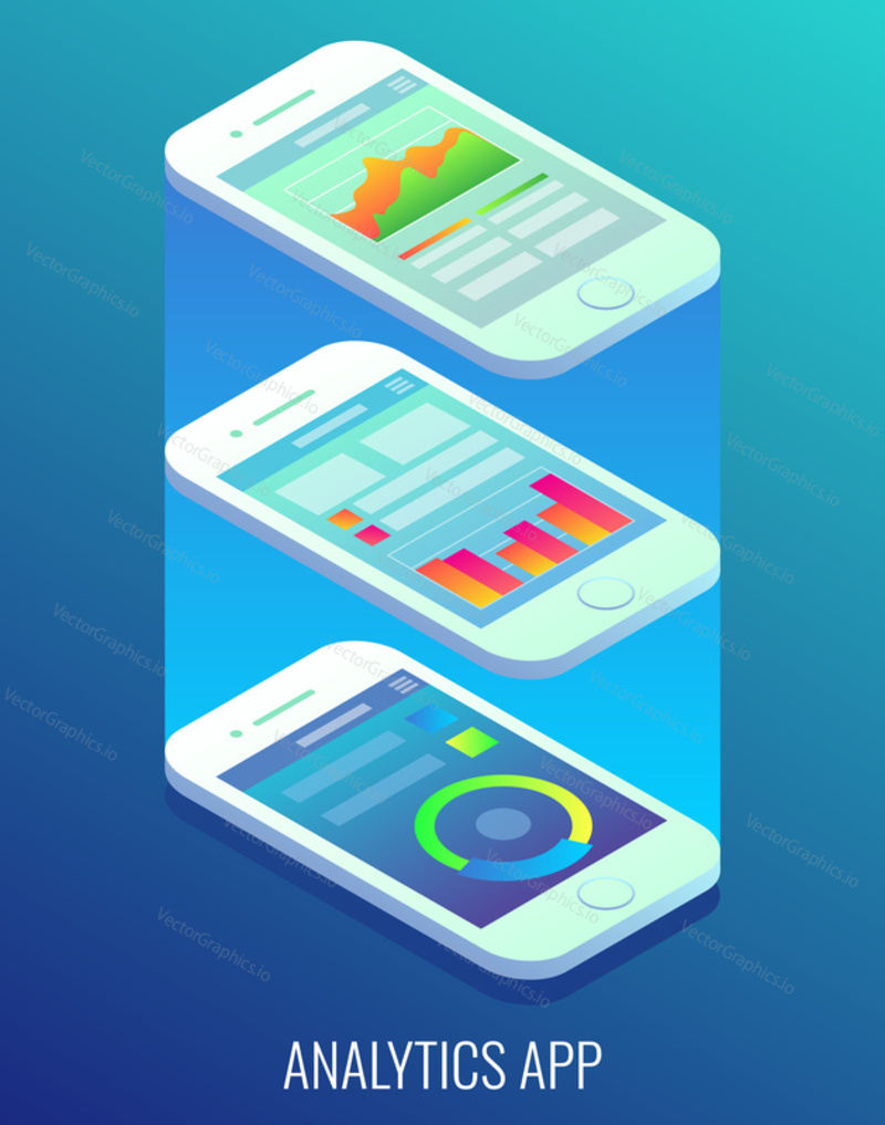 Analytics app concept vector ploché izometrické ilustrace. Smartphony s grafy na obrazovce.