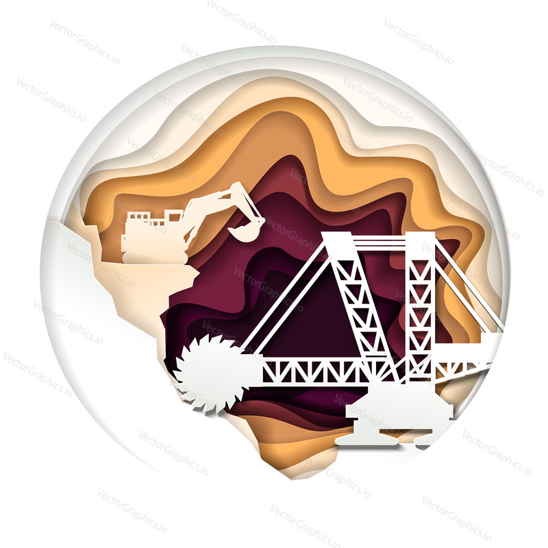 Extractive machinery and opencast mine in circle. Vector illustration in modern paper art style. Mining heavy industry concept.