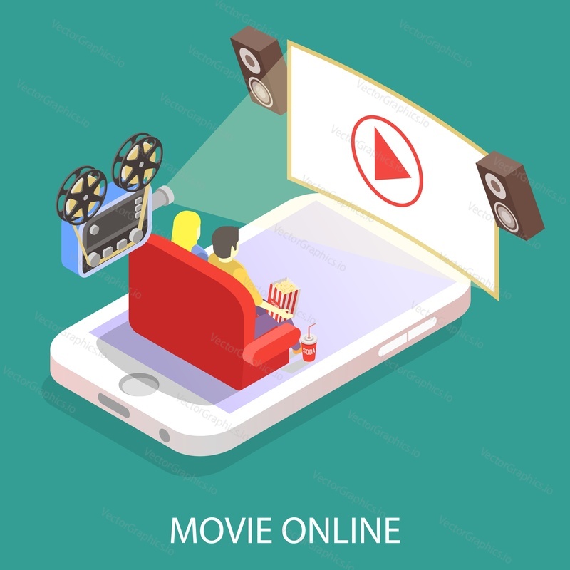 Film online vektorové ploché 3D izometrické ilustrace. Pár sledování filmu při používání smartphonu.