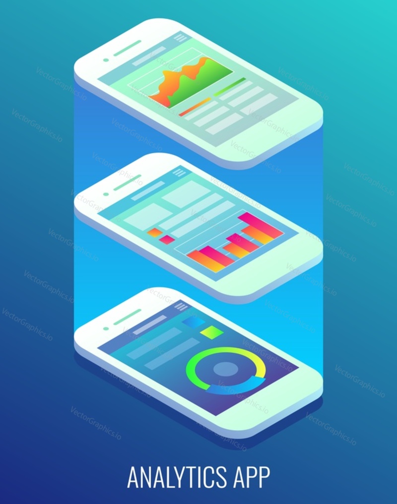 Analytics app concept vector ploché izometrické ilustrace. Smartphony s grafy na obrazovce.