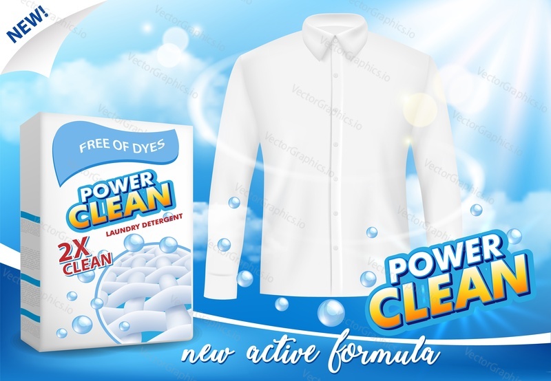 Reklamní plakát s práškovým pracím prostředkem. Vektorové realistické ilustrace. Prací prášek kartonová krabice balíček design šablony.