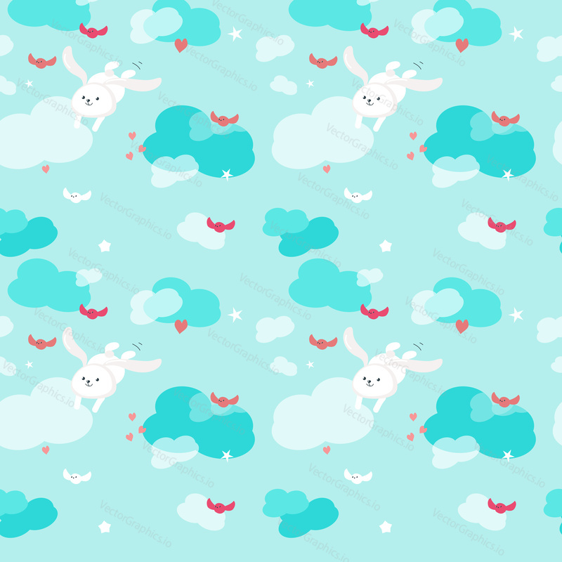 Vector seamless pattern with cute rabbits and birds flying in the sky. Funny spring animals background, wallpaper, fabric, wrapping paper.