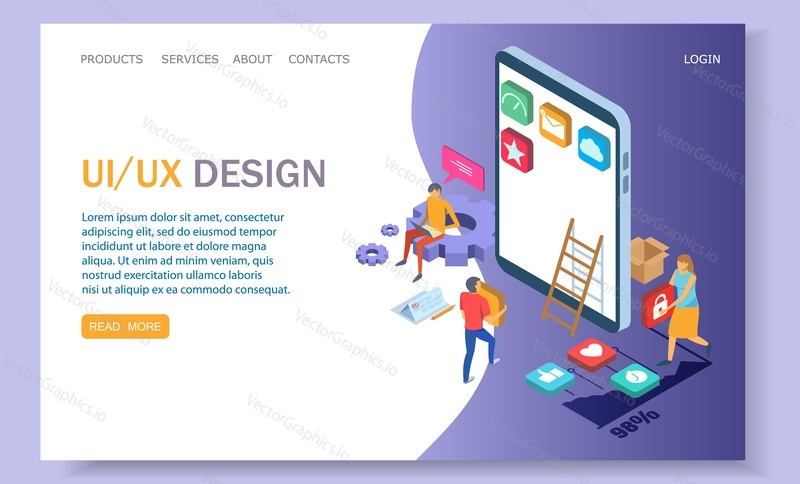 Шаблон целевой страницы пользовательского интерфейса и UX-дизайна для разработки веб-сайтов и мобильных устройств. Векторная изометрическая иллюстрация. Пользовательский интерфейс, дизайн пользовательского опыта и концепция веб-страницы служб разработки.