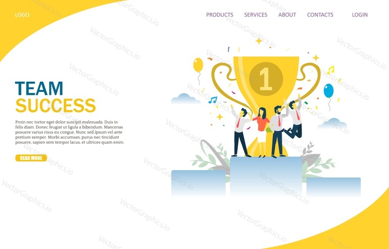 Шаблон веб-сайта Team success vector, дизайн веб-страницы и целевой страницы для разработки веб-сайтов и мобильных сайтов. Успешная бизнес-команда празднует победу с кубком трофея.