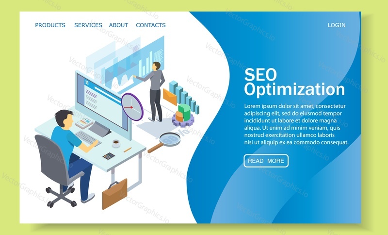 Шаблон целевой страницы для SEO-оптимизации для разработки веб-сайтов и мобильных устройств. Векторная изометрическая иллюстрация. Веб-аналитика, концепция веб-страницы для поисковой оптимизации.