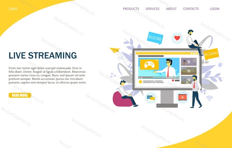 Live streaming vector website template, web page and landing page design for website and mobile site development. People watching video via desktop and laptop computers, smartphone. Online broadcast.