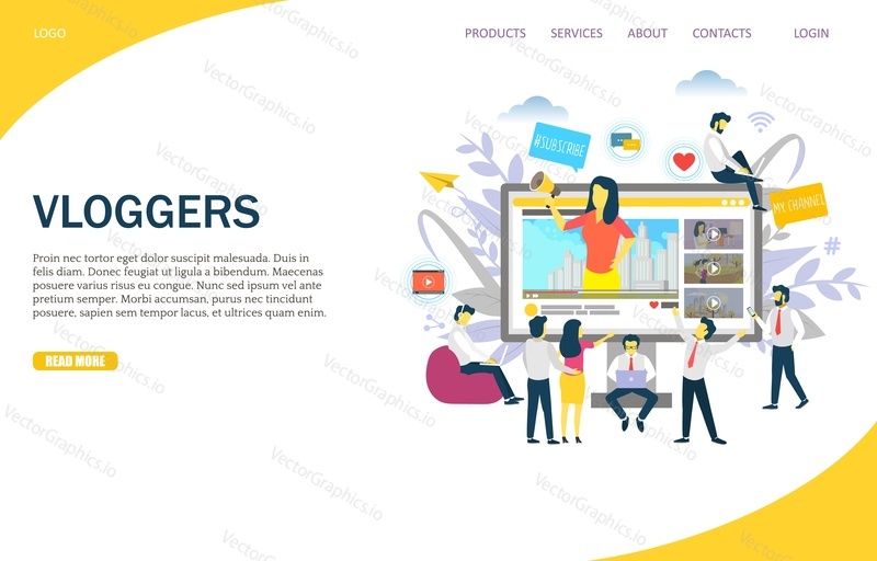 Vloggers vector website template, web page and landing page design for website and mobile site development. Video blogging concept.