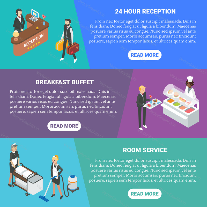 Hotel service vector flat isometric horizontal banner set. 24 hour reception, Breakfast buffet, Room service concept design elements.