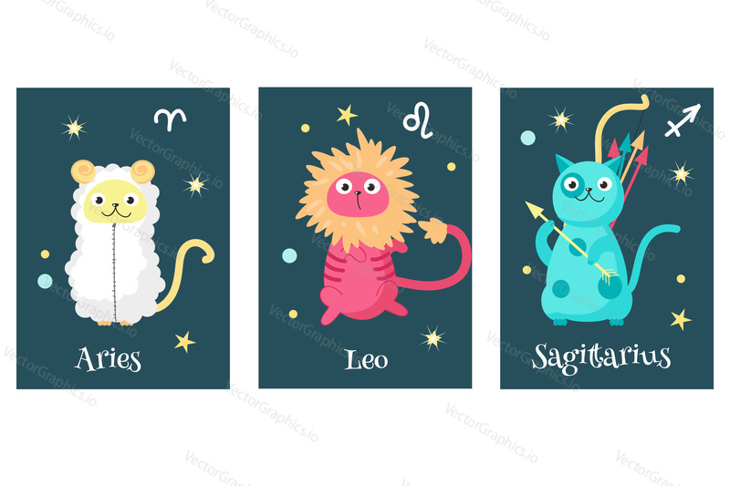 Vector set of cat astrology zodiac sign cards. Aries, Leo, Sagittarius astrological signs. Cat horoscope.