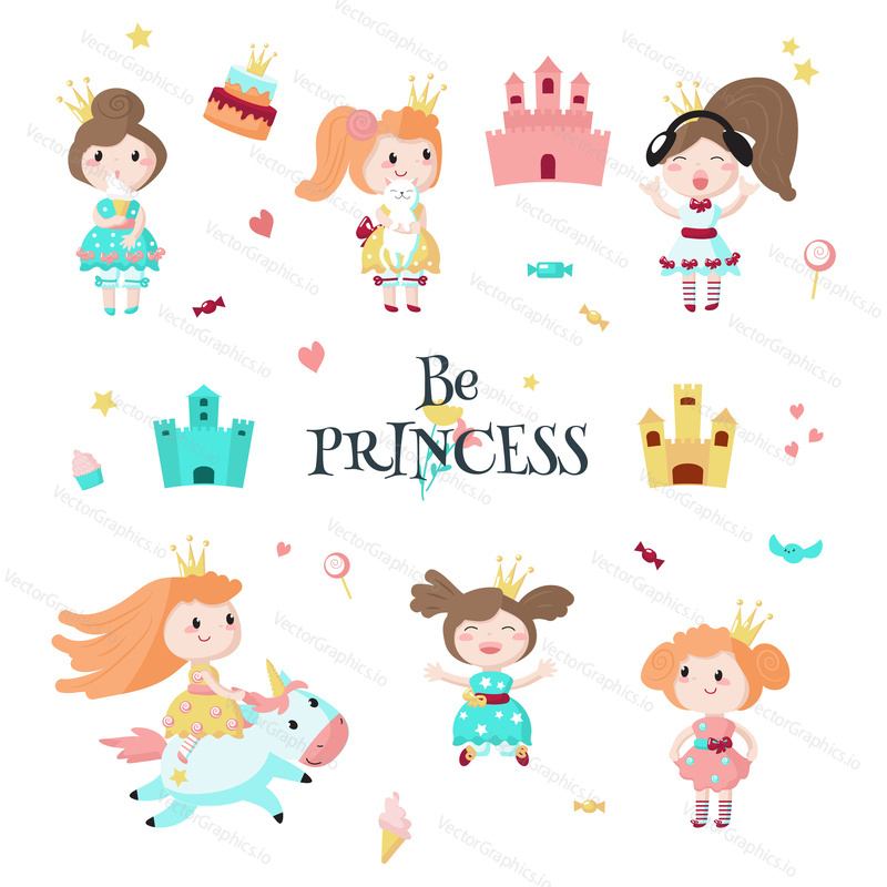 Krásná princezna v sadě ikon koruny. Vektorové ilustrace izolovaných na bílém pozadí. Pohádková dívka na koni jednorožec, drží kočku, poslouchá hudbu, jí zmrzlinu, pózuje a baví se.
