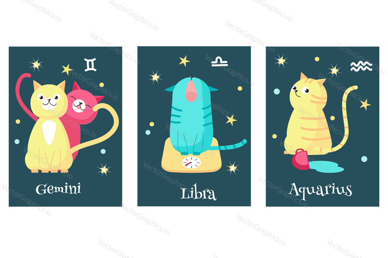 Vector set of cat astrology zodiac sign cards. Gemini, Libra, Aquarius astrological signs. Cat horoscope.