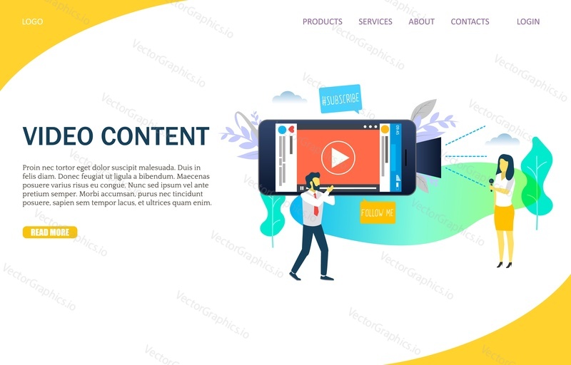 Video content vector website template, web page and landing page design for website and mobile site development. Journalism, video marketing concepts.