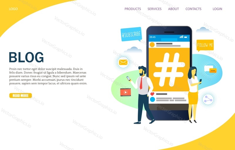 Blog content vector flat style design concept of web page for website and mobile site development. Mobile phone with hashtag sign and people using smartphones. Internet blogger landing page template.
