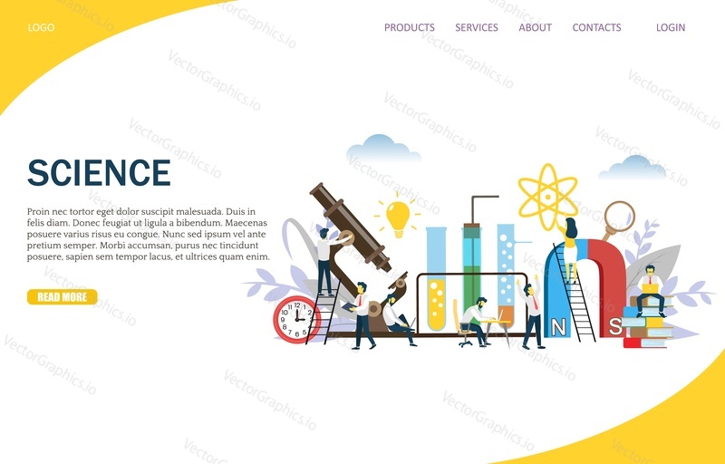 Шаблон веб-сайта Science vector, дизайн веб-страницы и целевой страницы для разработки веб-сайтов и мобильных сайтов. Научная лаборатория, исследования, идеи, инновации.