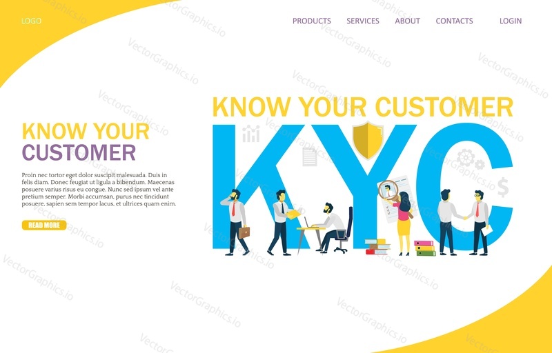 Znáte vektorovou šablonu webových stránek zákazníka, design webových stránek a vstupních stránek pro vývoj webových stránek a mobilních stránek. KYC business identification and finance safety concept.