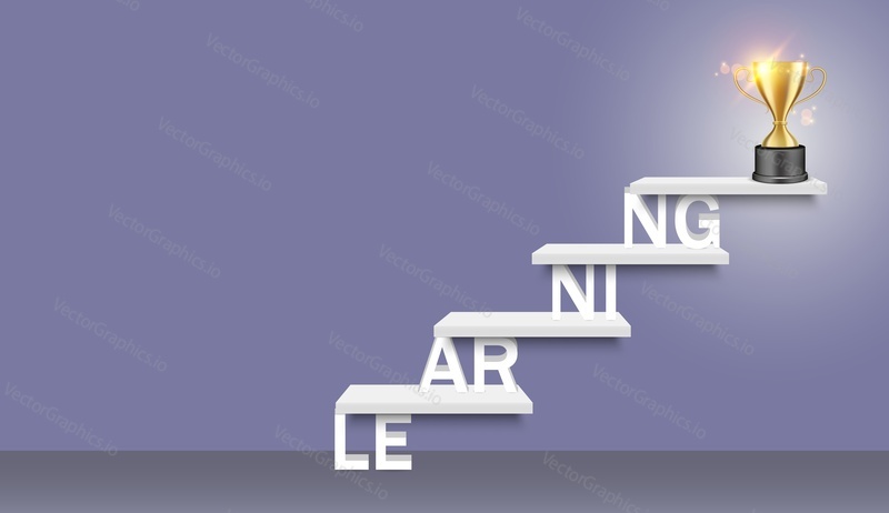Learning word ladder with trophy award cup on the top. Vector realistic illustration. Staircase to business success, professional growth and staff education concept for web, poster, banner.