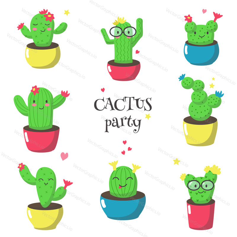 Cute cartoon cacti icon set. Vektorové ilustrace izolovaných na bílém pozadí. Kvetoucí kaktusy s legračními tvářemi v květináčích na přání, pozvánku, plakát, nálepku, tisk.