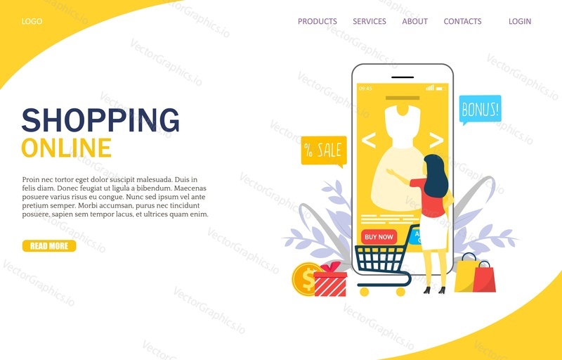 Shopping online vector website template, web page and landing page design for website and mobile site development. Woman choosing dress in internet store using smartphone. E-commerce concept.