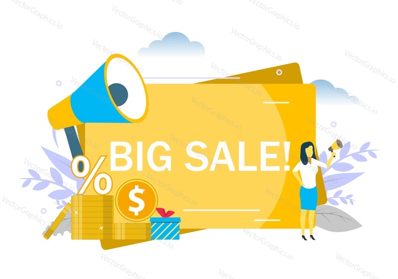 Oznámení o velkém prodeji, žena mluví megafonem, dárkové krabičky, dolarové mince. Vektorové ploché ilustrace pro web banner, webové stránky atd. Speciální nabídka sleva propagace.