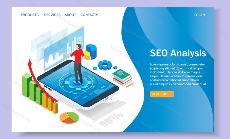 Шаблон целевой страницы SEO-анализа для разработки веб-сайтов и мобильных устройств. Векторная изометрическая иллюстрация. Веб-аналитика, концепция веб-страницы приложения для seo-анализа.