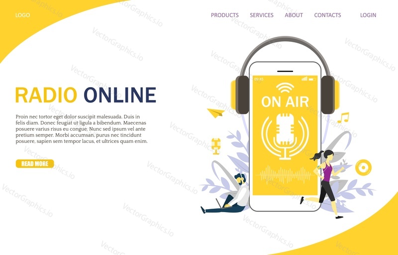 Radio online vector website template, web page and landing page design for website and mobile site development. Microphone on air live stream symbol on smartphone. Internet radio streaming concept.