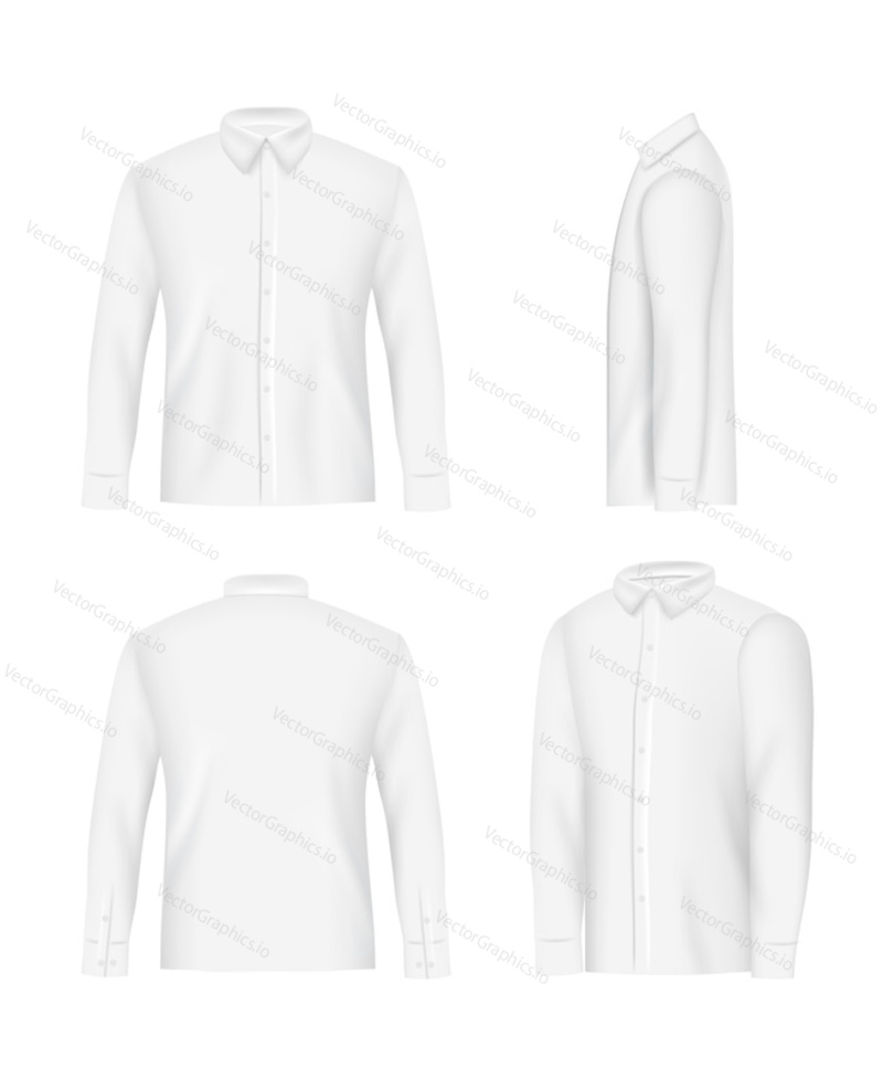 White mens shirt 4 sides mockup set. Vector realistic illustration isolated on white background.
