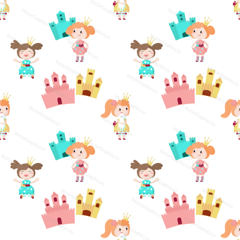 Vector seamless pattern with beautiful princess posing, holding cat and having fun. Medieval cartoon character background, wallpaper, fabric, wrapping paper.