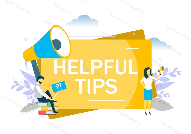 Helpful tips, business woman speaking through megaphone, man asking questions via laptop. Vector flat illustration for web banner, website page etc. Frequently asked questions FAQ concept