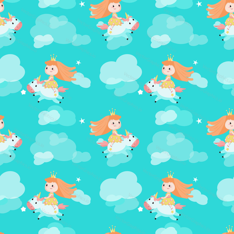 Vector seamless pattern with beautiful princess riding cute flying unicorn in the sky. Medieval cartoon characters background, wallpaper, fabric, wrapping paper.