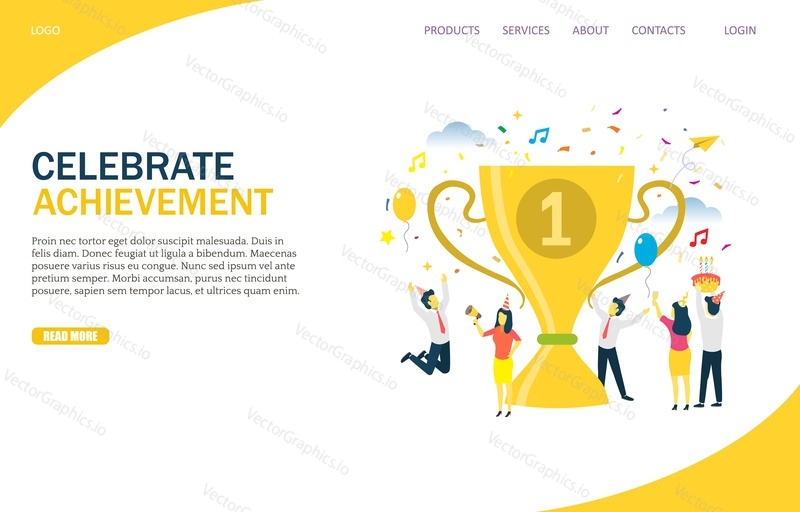 Celebrate achievement vector website template, web page and landing page design for website and mobile site development. Business team success. Group of people celebrating win and accomplishments.