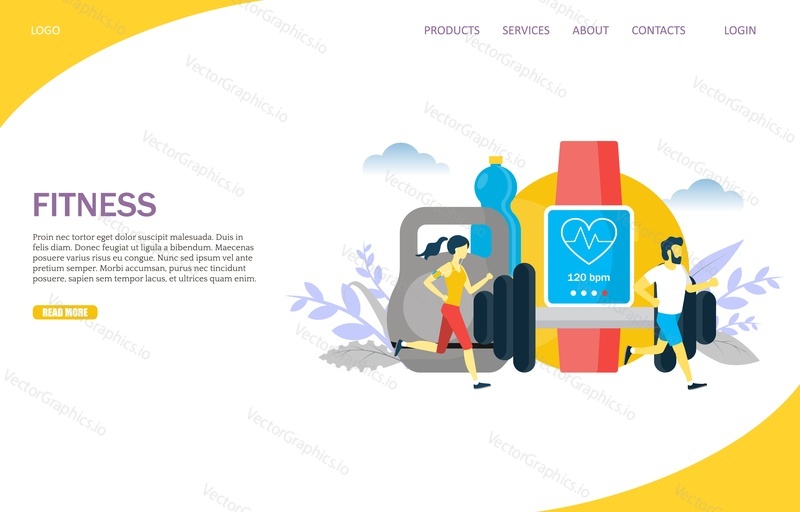 Fitness vector website template, web page and landing page design for website and mobile site development. Gym equipment, fitness club services concepts.