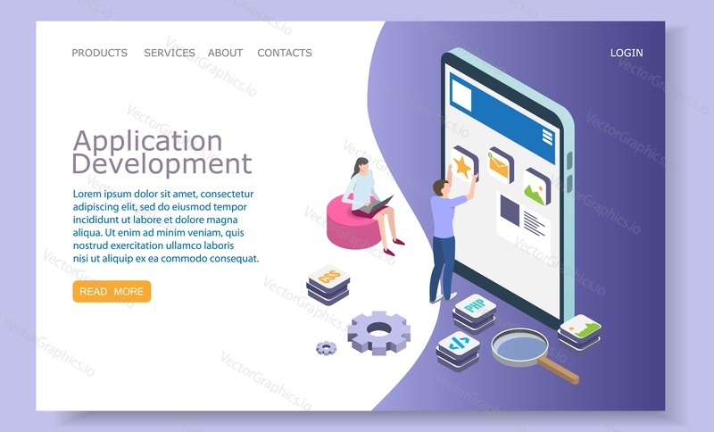 Application development landing page template for website and mobile site development. Vector isometric illustration. Mobile app development services web page concept.