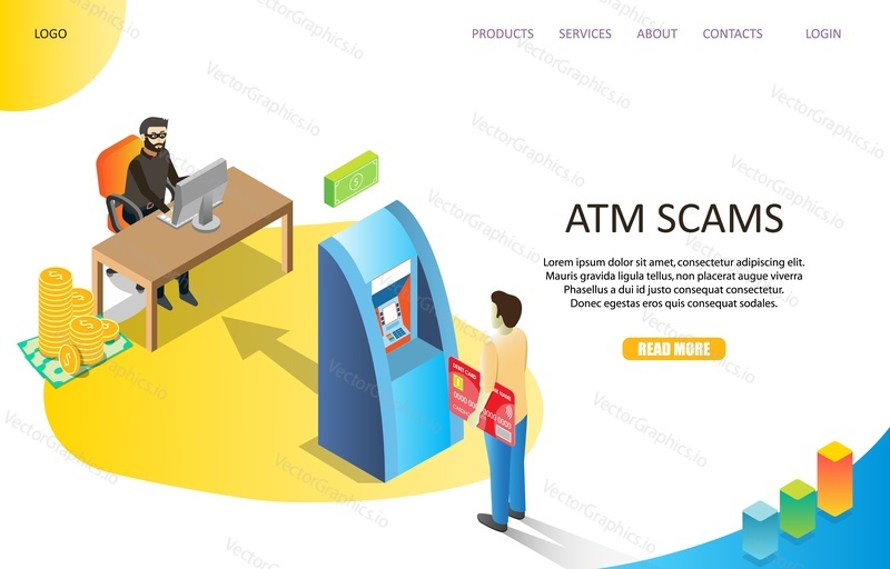 ATM podvody vstupní stránka webová šablona. Vektorové izometrické ilustrace člověka s plastovou kartou stojící před automatickým pokladníkem a hackerem, který krade data z karty.