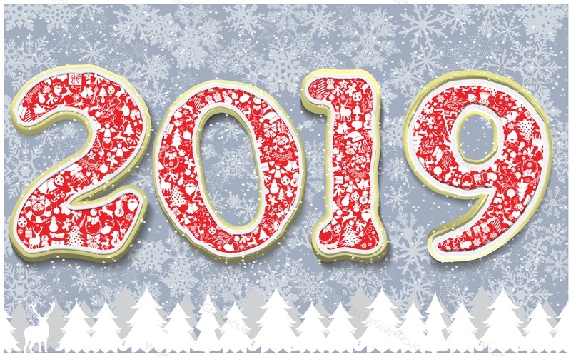 Happy New Year 2019 greeting card template. Vector creative numbers with winter holidays pattern on blue background with snowflakes, white trees and reindeer.